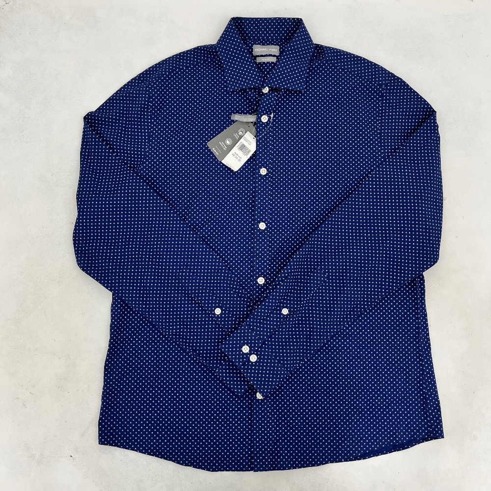 NWT Michael Kors Mens Size L Button-Up Dress‎ Shirt Night Blue Slim Fit Untucked